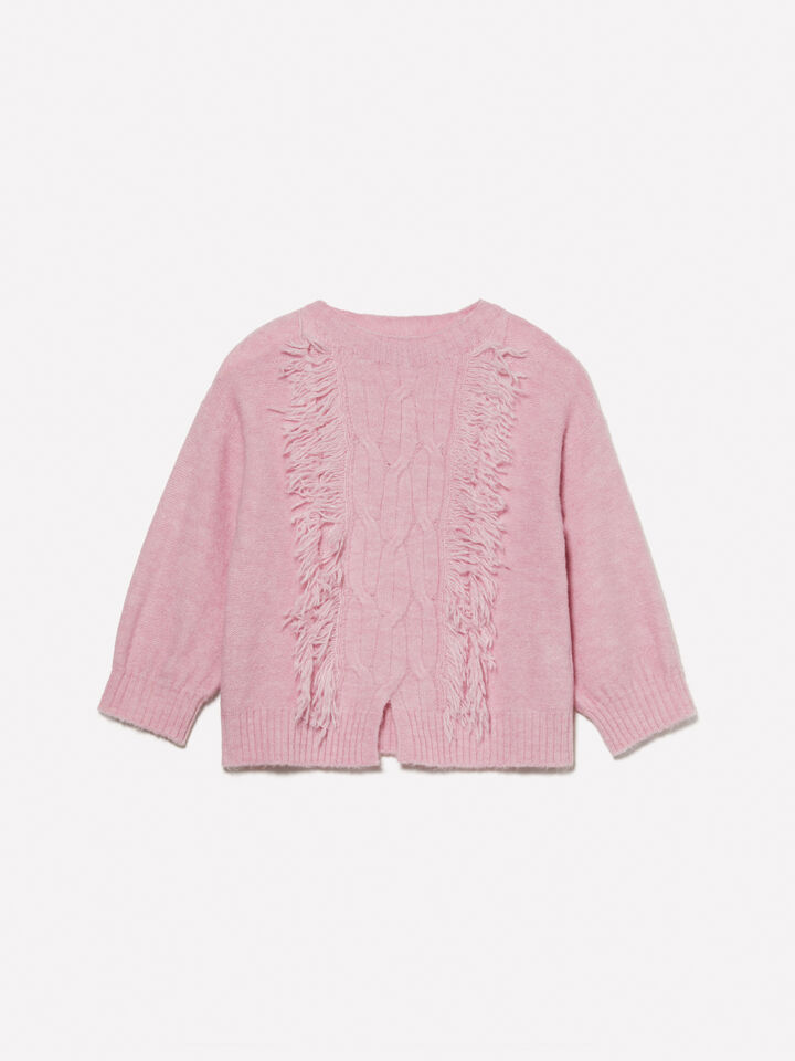 Pink sweater with cable knit and fringes - girls' knitwear - Pink | Sisley Young image number 1